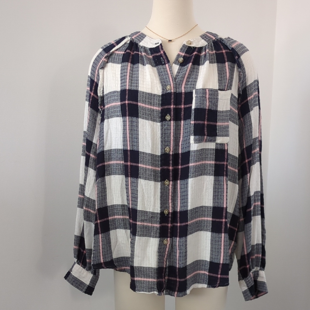 Maternity Button Down Plaid Shirt - Navy, White, and Pink